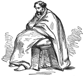 Man seated on a stool with an alcohol lamp under it, wrapped in blankets for steam bath