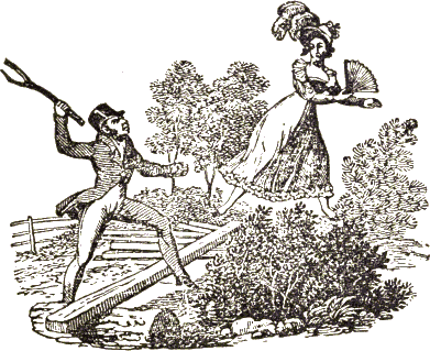 man with stick chasing woman with fan