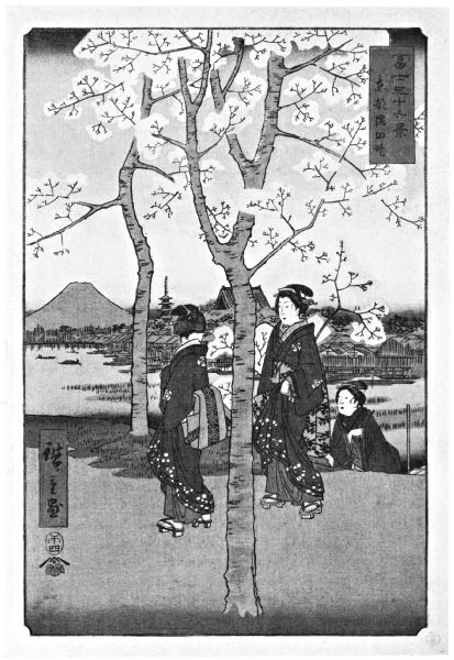 Three woman gather by cherry trees