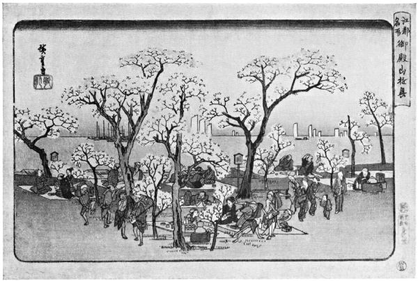A large group of people hold a party in a grove of flowering cherry trees