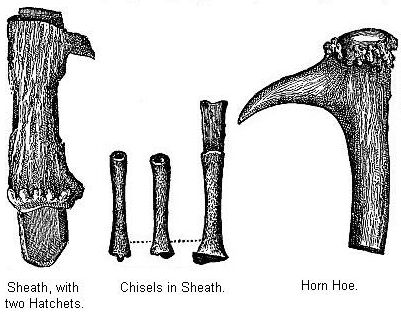 Sheath, with two Hatchets, Chisel in Sheath, and Horn Hoe.