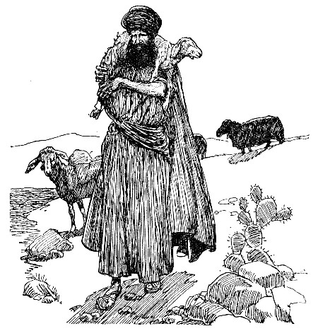 A MAN CARRYING A SHEEP ON HIS SHOULDERS.