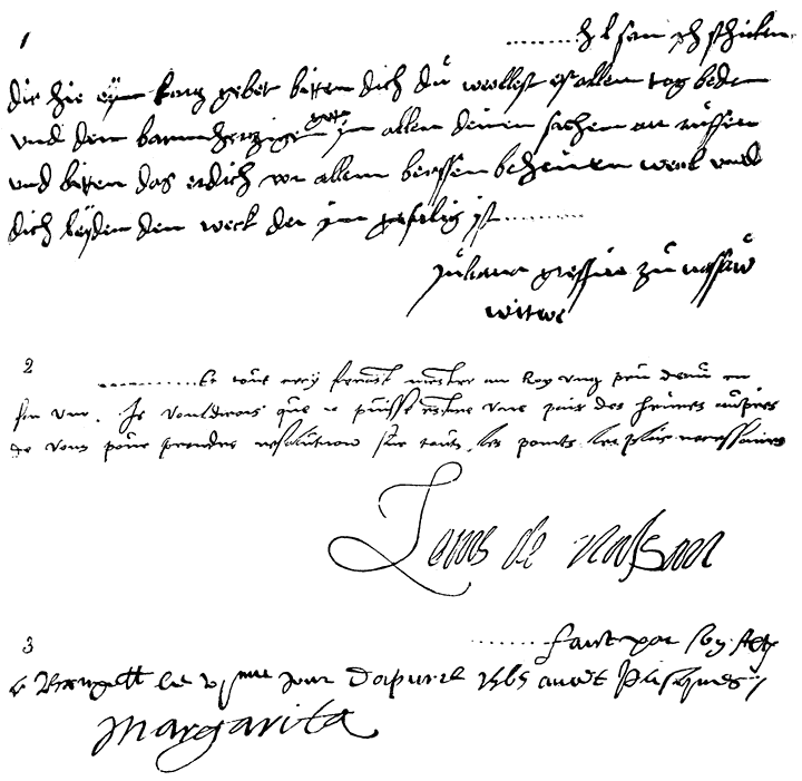 Fascimiles van handteekeningen van Juliana van Stolberg, Lodewijk van Nassau en Margareta van Parma.