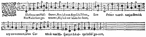 Muziekschrift met de eerste twee strofen van het Wilhelmus.