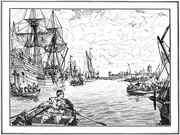 De Watergeuzen voor den Briel.—Koppelstok begeeft zich naar de stad.—1 April 1572. (Bladz. 211.)