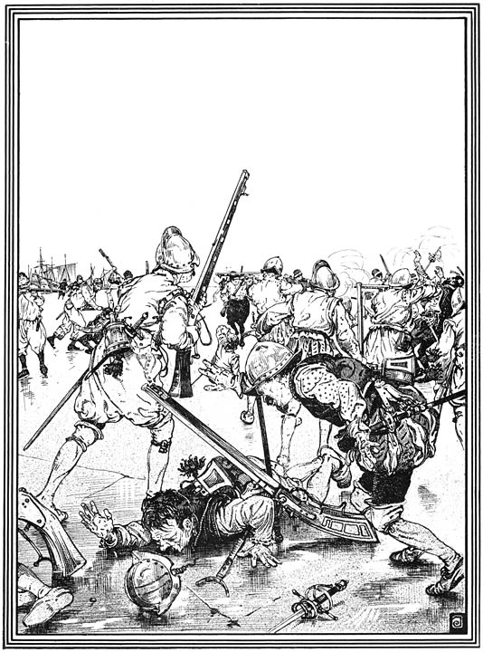 Aanval der Spanjaarden op de ingevroren vloot nabij den Diemerdijk.—1572. (Bladz. 224).