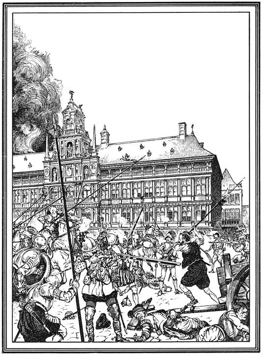 Straatgevecht voor het Antwerpsche Raadhuis. 4 Nov. 1576. (Bladz. 304.)