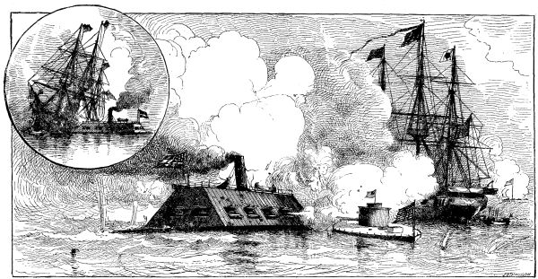 FIGHT BETWEEN THE "MONITOR" AND "MERRIMAC."—Drawn by J. O. Davidson.