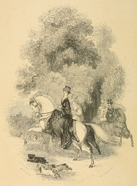 Women riding sidesaddle under a tree