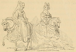 Two women seated sideways on their horses