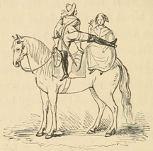 Man mounting with woman already seated on the rump of the horse