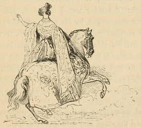 Woman in elaborate gown on a cantering horse
