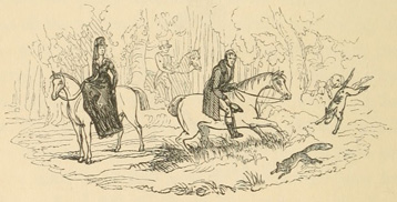 Man and woman riding in the woods, with a hound chasing a fox