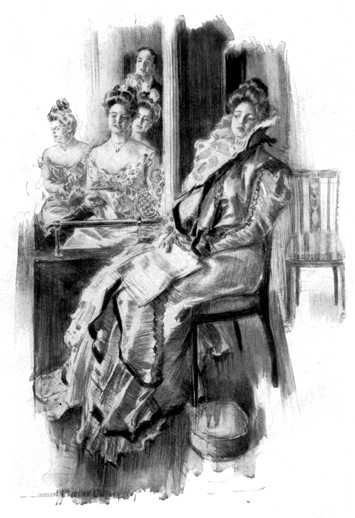 A young woman in fine, stylish clothing sits with a paper on her lap. Other well-dressed women are nearby.