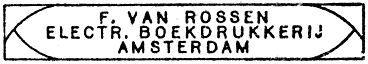Drukkersembleem met tekst: F. van Rossen Electr. Boekdrukkerij Amsterdam
