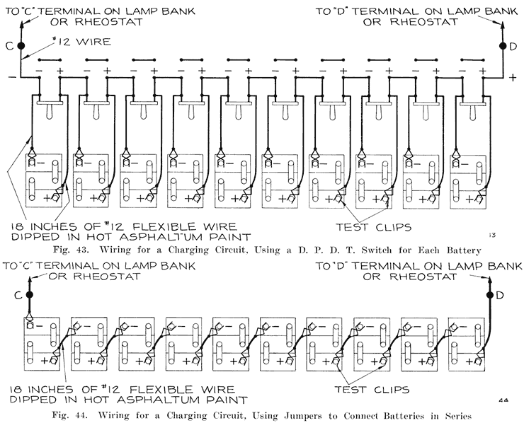 Figs. 43 Wiring for a charging circuit, using a DPDT switch for each battery; and Fig. 44 Wiring for a charging circuit, using jumpers to connect batteries in series