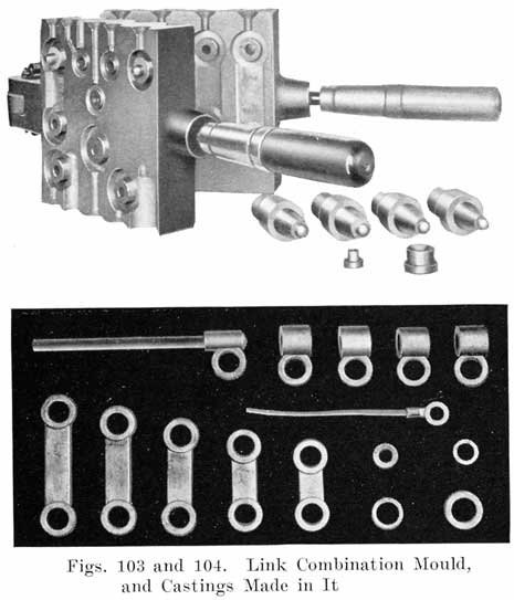 Fig. 103 Link combination mould, and Fig. 104 Castings made in the mould