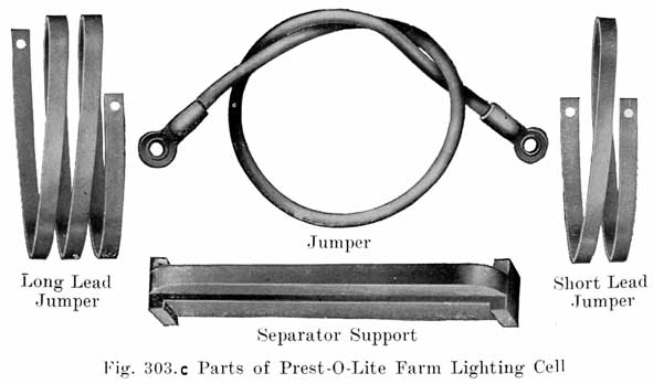 Fig. 303c Parts of Prest-O-Light farm lighting cell: long lead jumper, jumper, separator, short lead jumper