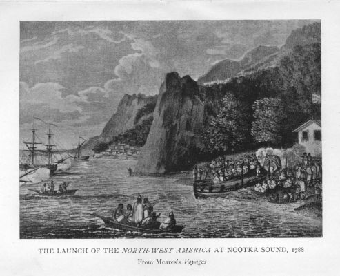 The launch of the <I>North-West America</I> at Nootka Sound, 1788.  From Meares's <I>Voyages</I>.