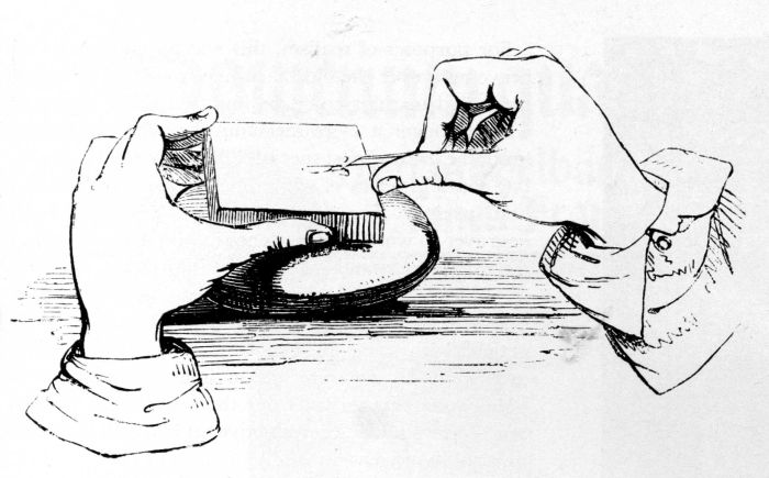 Figure 2.—Wood Engraving
Procedure, showing manipulation
of the burin, from Chatto and
Jackson, A treatise on wood engraving,
1861. (See footnote 6.)