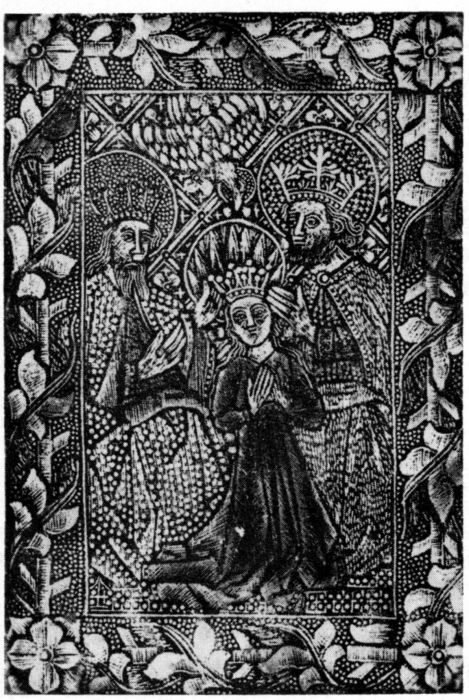 Figure 3.—Late 15th-Century White-Line Engraving
"The crowning of the Virgin," in the "dotted
manner" executed on metal for relief printing. Parts
were hand colored.