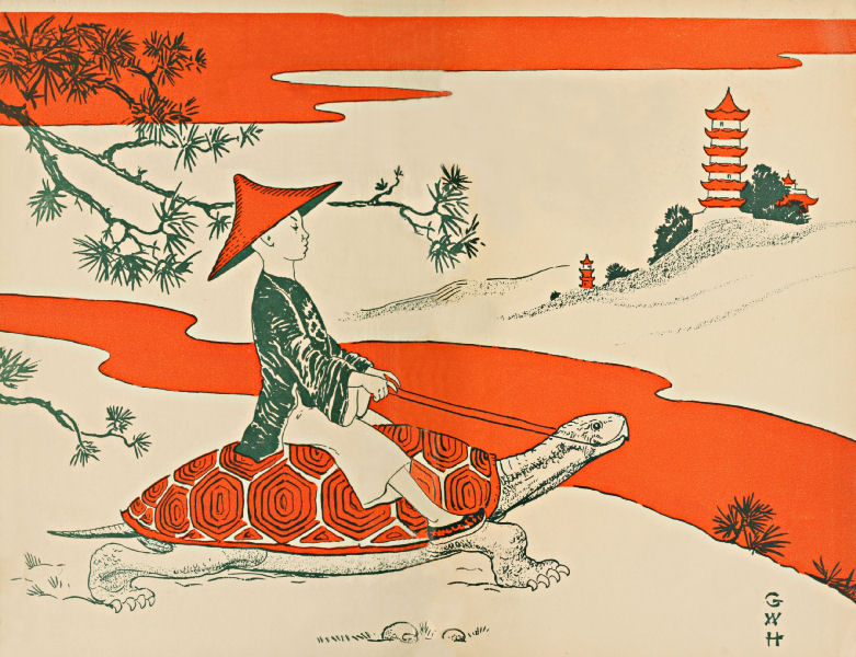 Endpapers, showing a boy riding on a large tortoise