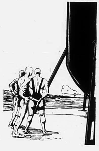 Three figures, standing at the side of a space ship,.