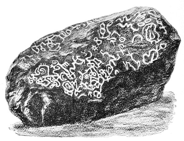Roca traquítica con inscripciones grabadas. (Bajo de Canota. Mendoza).
Segun fotografía de F. P. Moreno—1,30 del tamaño natural