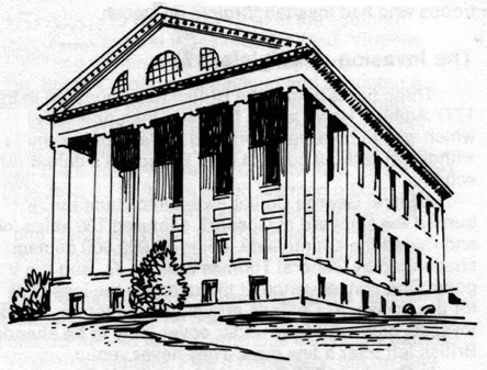 A large building with several columns in the front