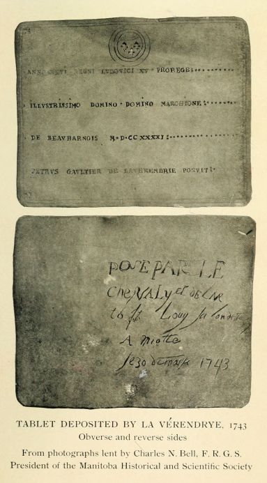 Tablet deposited by La Vrendrye, 1743.  Obverse and reverse sides.  From photographs lent by Charles N. Bell, F.R.G.S., President of the Manitoba Historical and Scientific Society.