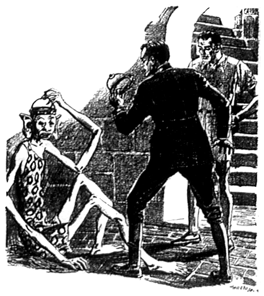 Two men in a cellar look at a gangly-limbed being sitting on the ground.