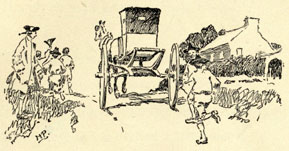 Drawing of two boys chasing after a one horse chaise