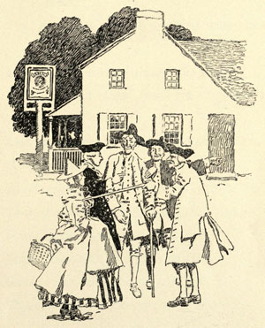 Drawing of a group of people standing around talking