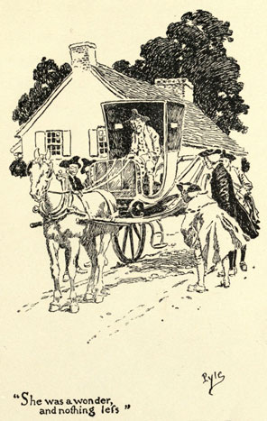 Drawing of the Deacon in his new chaise, with people inspecting it