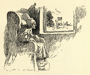 Drawing of an elderly man in an armchair looking out the window