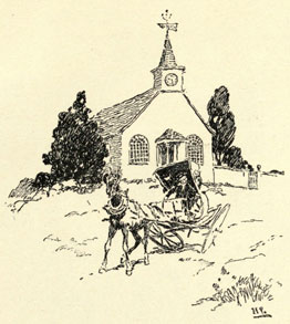 Drawing of the damaged chaise with the horse hitched to it in front of a church