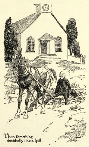 Drawing of the Deacon sitting in the splintered chaise behind the horse, with the church in the background