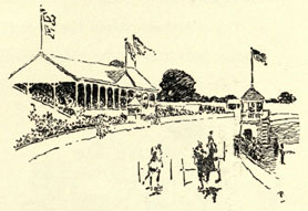Drawing of a race track with two trotting horses racing