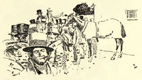 Drawing of a blanketed horse surrounded by people in paddock