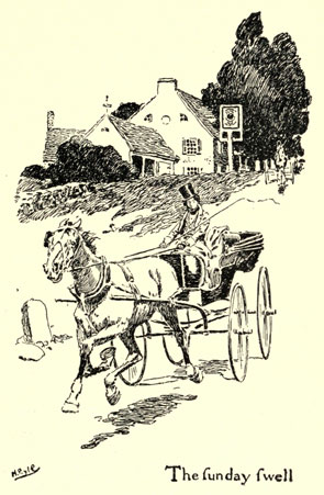 Drawing of a trotting horse pulling a light vehicle