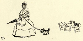 Drawing of a woman walking a small dog on a leash, several other dogs in the bac