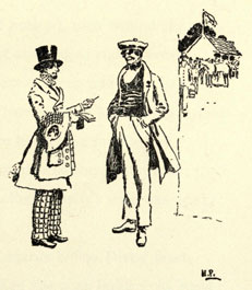 Drawing of two men talking at the race track