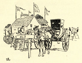 Drawing of hitched horses, tied to rails at the race track