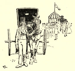 Drawing of a man leading a horse hitched to a light carriage
