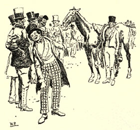 Drawing of a crowd with a man laughing at the horse being unharnessed