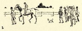 Drawing of the horse with jockey being led away from the crowd