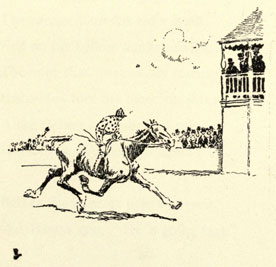 Drawing of the horse trotting past the grandstands