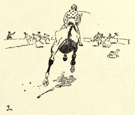 Drawing from the rear of the horse heading down the race track, with people scattering in front