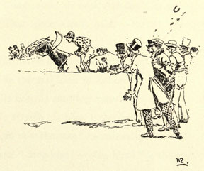 Drawing of the horse running down the track with the jockey holding on to the saddle, with the reins flying