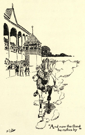 Head-on drawing of the horse running past the grandstands, the jockey has his arms wrapped around the horse's neck